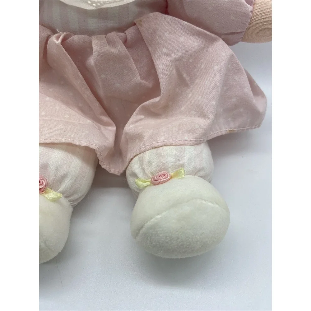 Vintage Eden Plush Rag Doll Yellow Yarn Hair Pink Polka Dot Dress Lace Collar